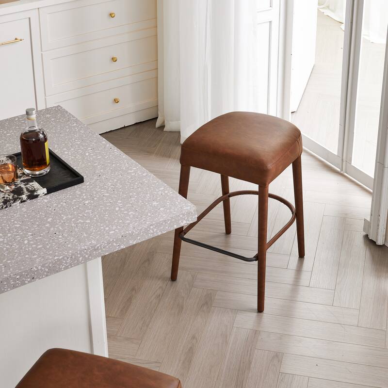 Set of 2 Counter Height Backless Brown Faux Leather Bar Stool - Comfortable Padded Seat with Sturdy Metal Legs
