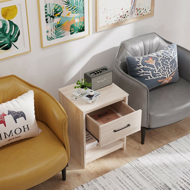 Gymax Nightstand with Drawer Storage Shelf Wooden End Side Table