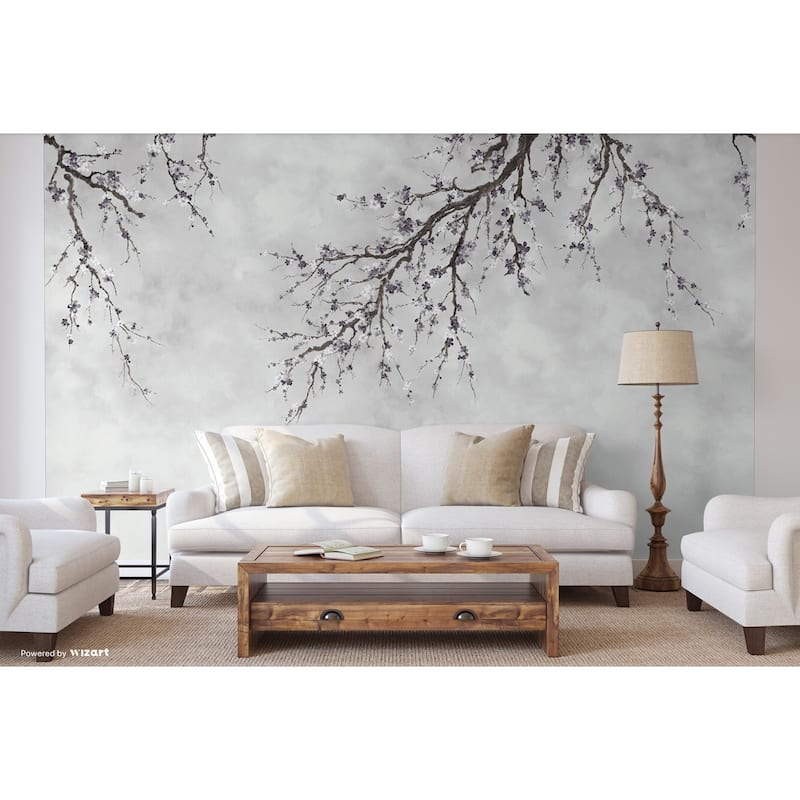Elegant Cherry Blossom Branch Wallpaper Mural – Minimalist Floral Design for Serene Interiors