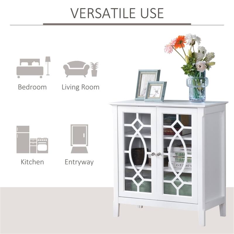 White MDF and Glass Enclosed Storage Cabinet with Glass Doors Adjustable Shelves Multi Purpose Buffet TV Console