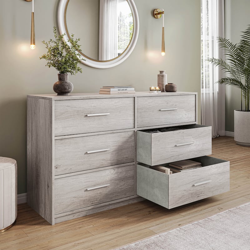 6 Drawer Dresser with Fabric Drawers and MDF Frame Modern Storage - Grey
