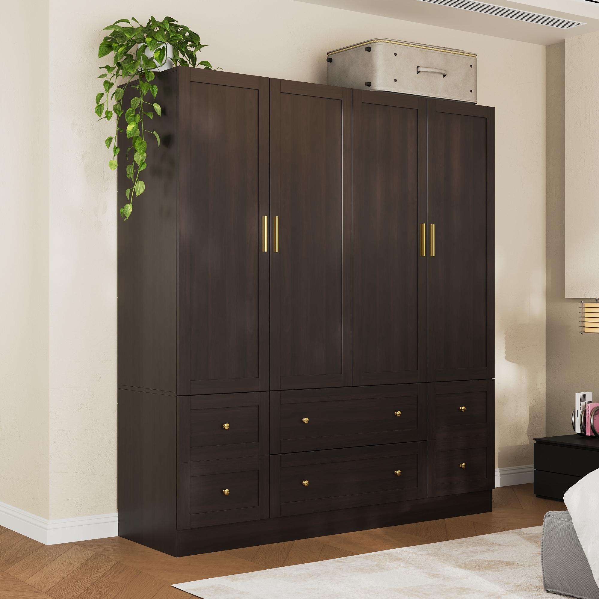 White Wardrobe Closet with Gold Handles - Modern Storage Cabinet with Drawers
