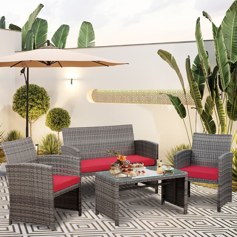 Futzca 4 Pieces Outdoor Patio Furniture Sets Conversation Sets Rattan Chair - Red