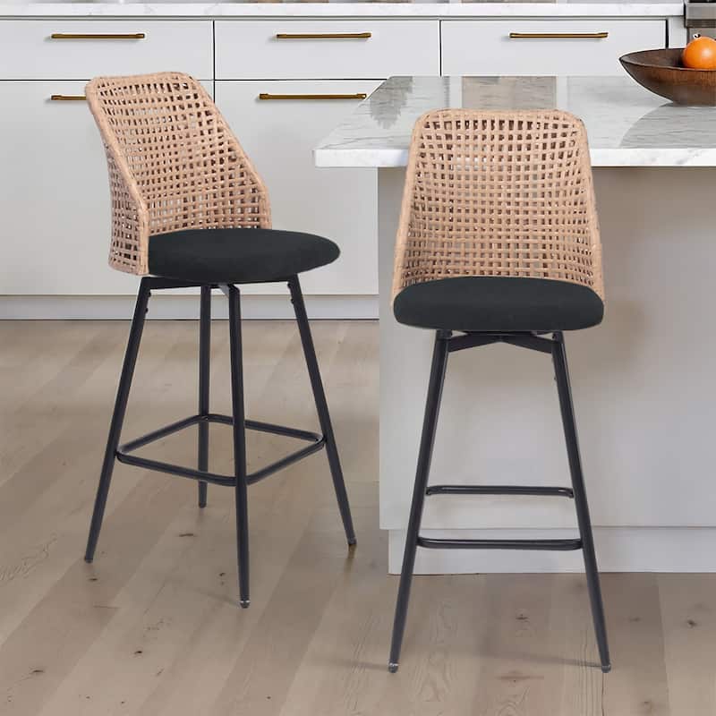 Chenille Counter Height Swivel Bar Stools Rattan Back with Metal Legs - Black - Set of 2