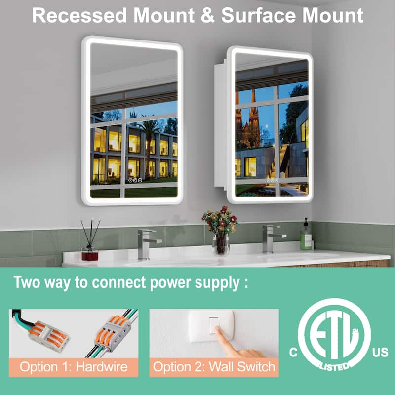 Milo LED Iron Medicine Cabinet with Mirror, Dimmable, Anti-fog, Adjustable Glass Shelves, Recessed or Surface Mount