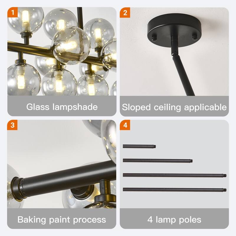 Mid-Century Modern Sputnik Chandelier 16-Light Adjustable Brass Pendant with Glass Globes for Dining Rooms - 34.7in