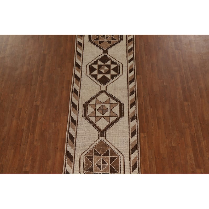 Natural Dye Handmade Kurdish Turkish Runner Rug Beige Wool Carpet - 3'4"x 11'9"
