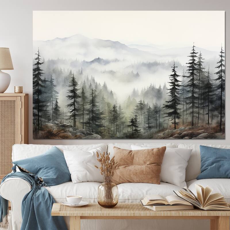 Designart "Pine Tree Misty Mountain II" Floral Wall Art Living Room