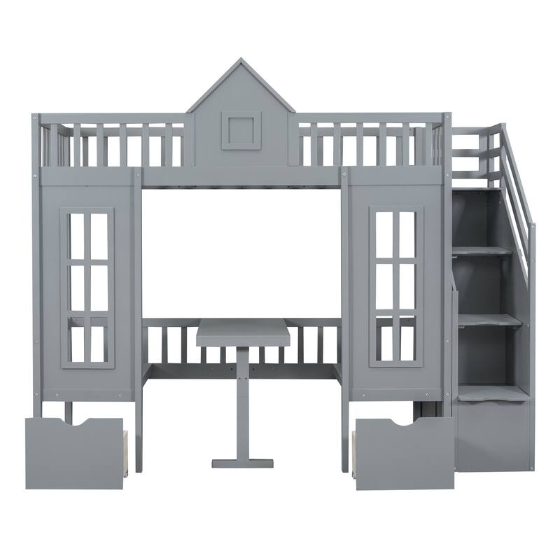 HomeRoots Gray Twin Over Twin Solid Wood Bunk Bed With Stairs And Desk And Drawers And Storage
