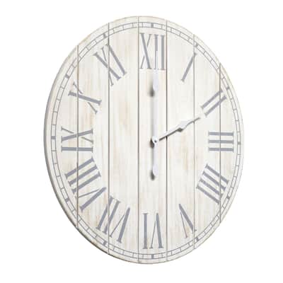 Country Rustic Coastal Round Wooden Wall Clock - 23" - White