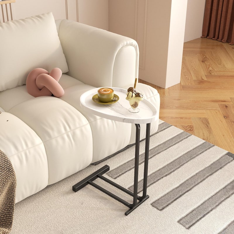Sofa and Bedside C-Shaped Side Table, Wood C-Shaped End Table with Metal Frame Slide for Bedroom Living Room