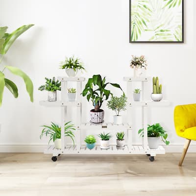 4 Tier Wooden Flower Stands Rolling Flower Plant Display Shelf