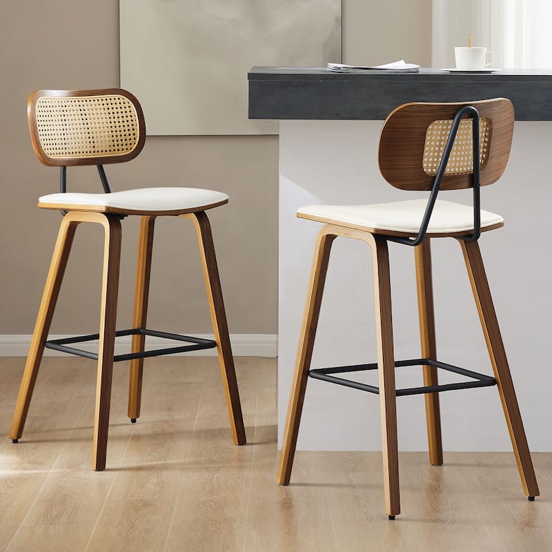 26-inch Wood Counter Height Bar Stools with Rattan Back