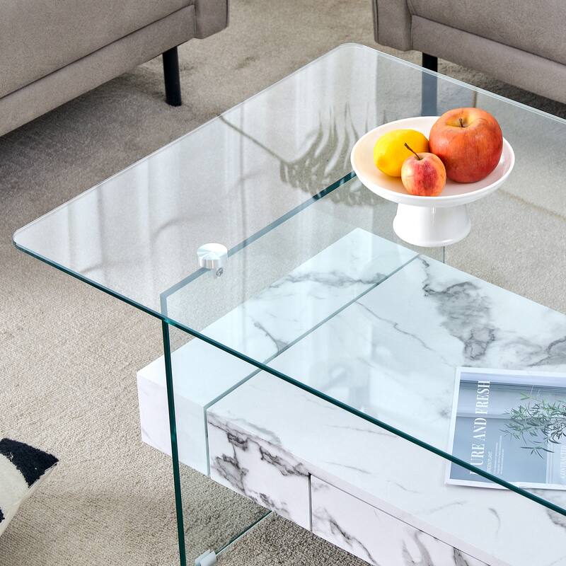 Roomfitters Two-Tier Glass Coffee Table with Oak Finish, Modern Storage Design for Living Room or Lounge