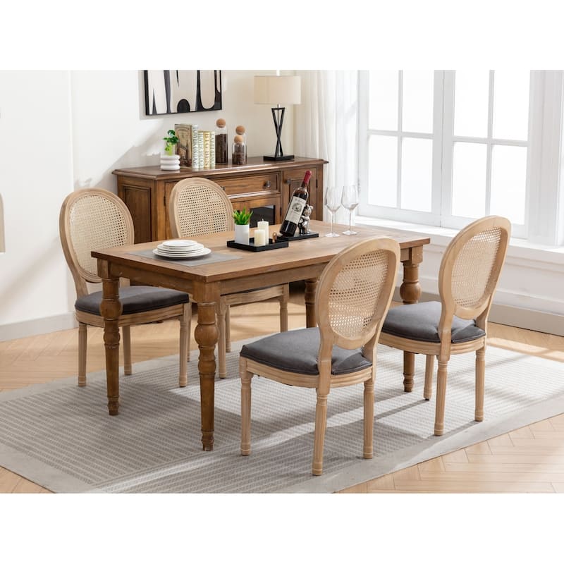 French Style Antique Painting Linen Fabric Rattan Back Dining Chair,Set of 2