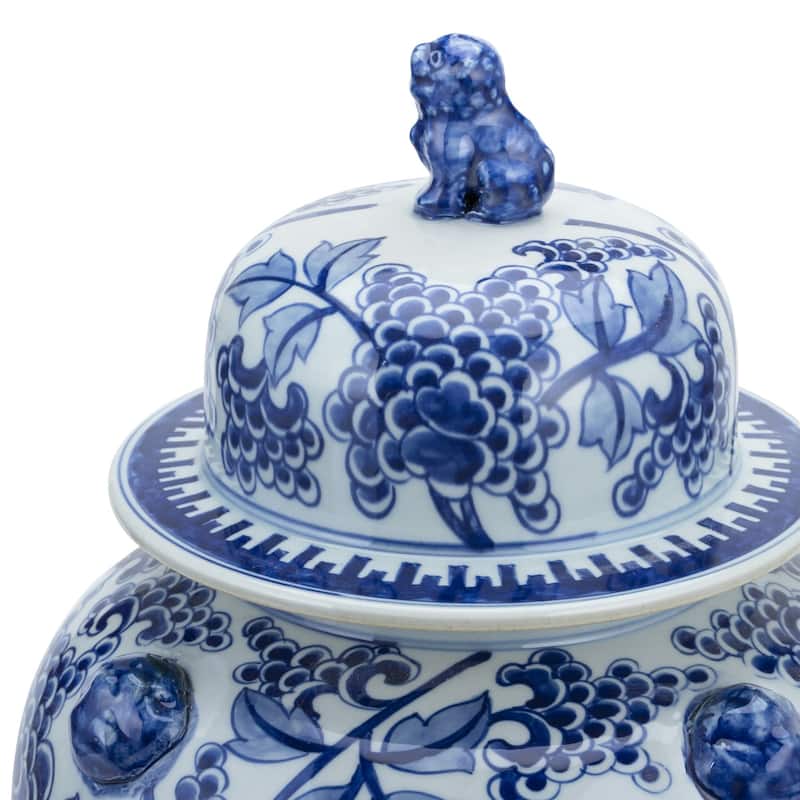 Blue & White Peony Temple Jar With Lion Handles
