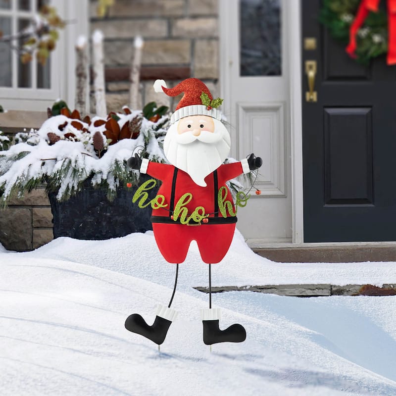 Glitzhome Christmas Metal Nutcraker Snowman Santa Garden Yard Stakes Wall Decor - Santa