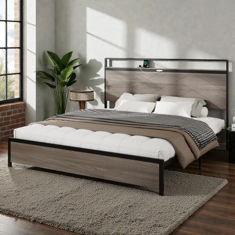 Modern Metal Platform Bed Frame with Wood Headboard LED Lights, USB & Type-C Charging Station, Large Underbed Storage - Grey - King