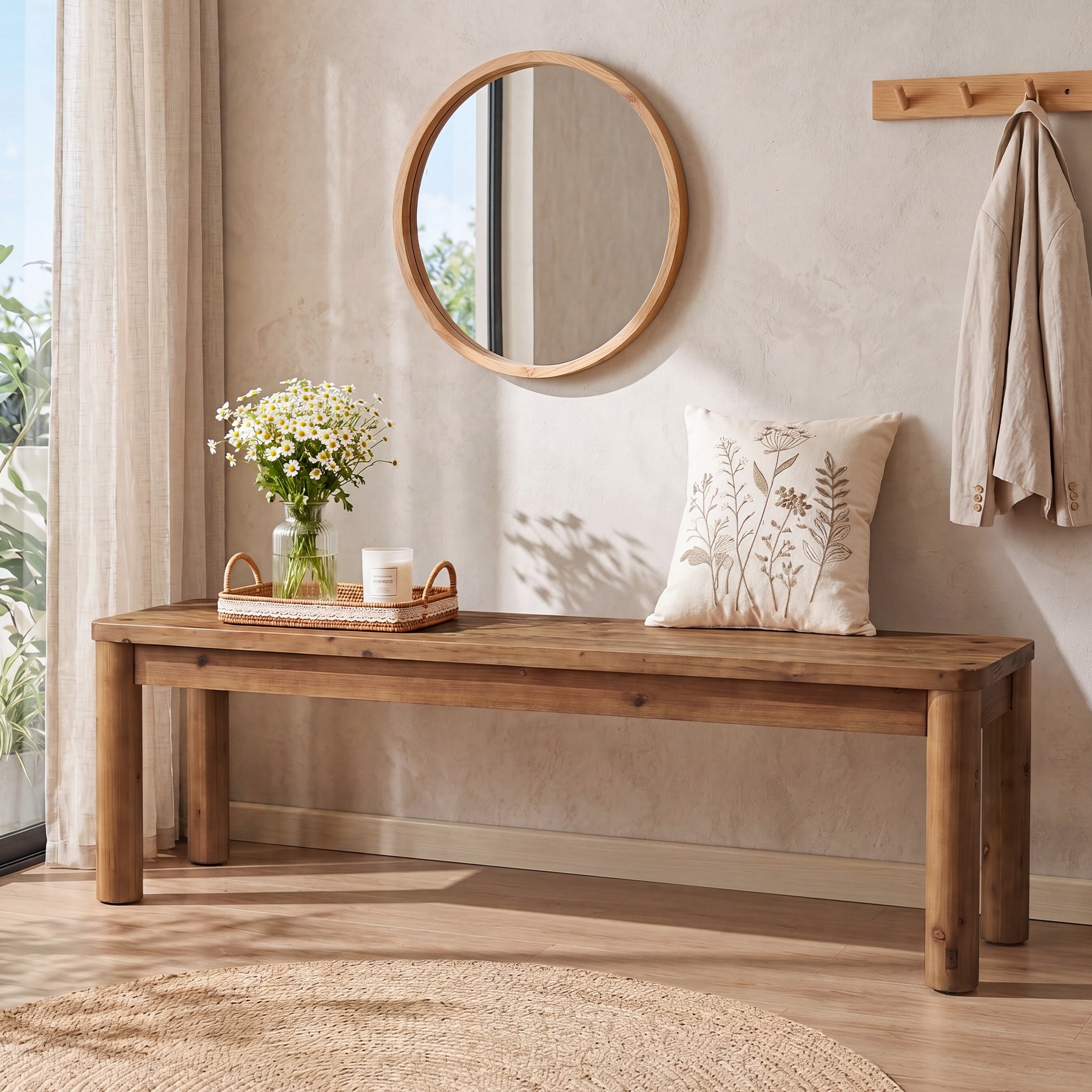 55" Solid Wood Entryway Bench, Heavy-Duty Rustic Farmhouse Shoe Bench Wooden End of Bed Bench for Bedroom Hallway Living Room