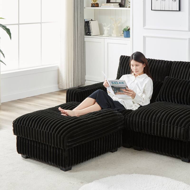 Modern 126-inch Corduroy Sofa with 4 Cushions, Movable Footrest, USB Ports, and Cup Holders