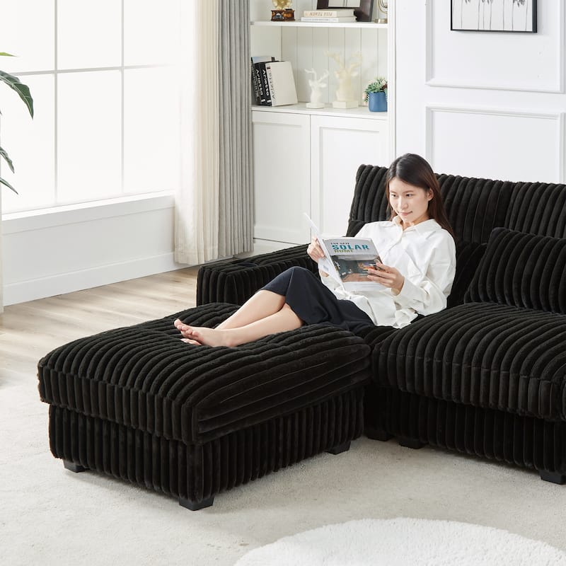 Super Large 126-Inch Corduroy L-Shaped Sofa with Cup Holders, USB Port, Movable Footrest, and 8 Cushions.