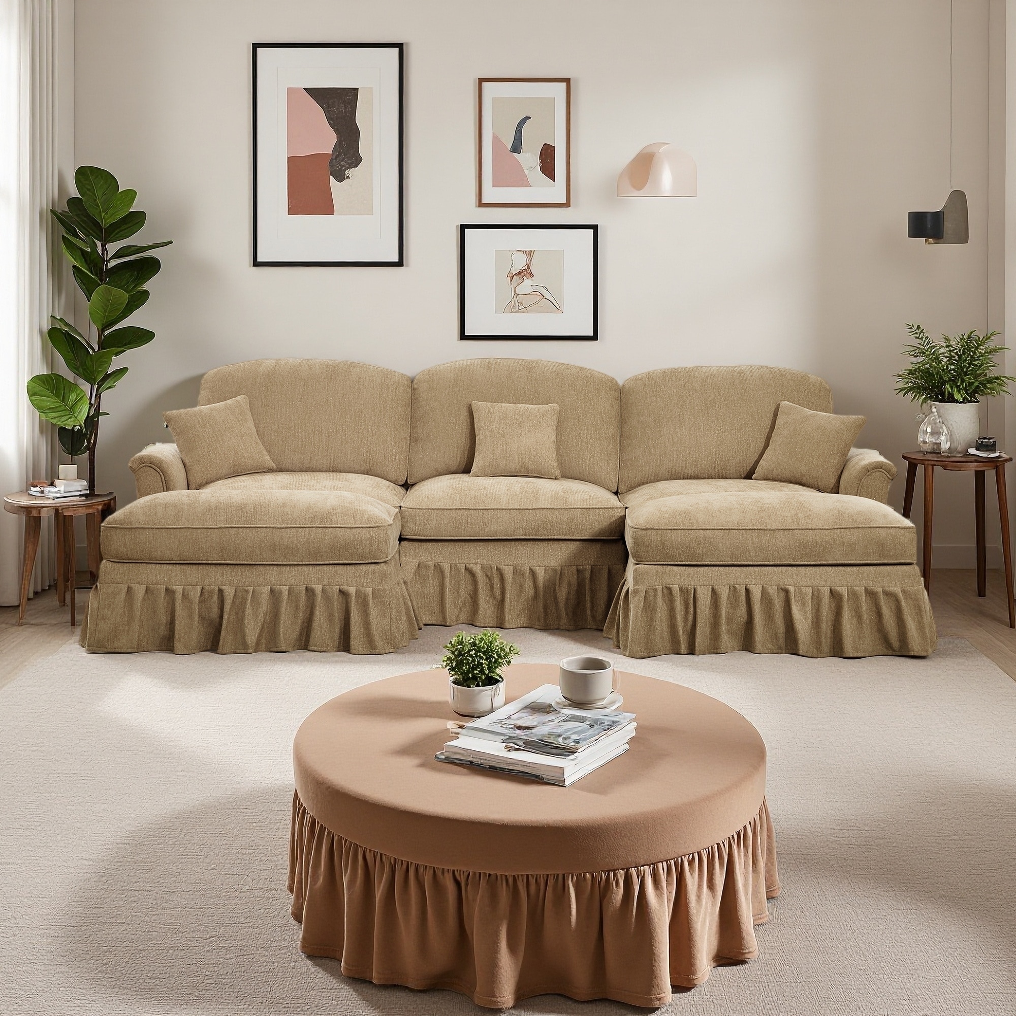 107.1" Mid-Century Chenille U-Shaped 3-Seater Sectional Sofa with Flared Arms, Skirt & Movable Ottomans