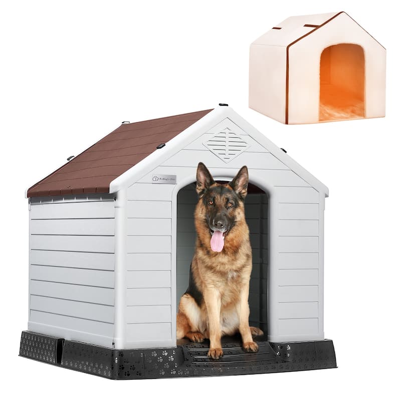 BOSSIN Insulated & Waterproof Dog House, Indoor/Outdoor Puppy Shelter with Elevated Floor & Liner for All Size Dogs - Brwon