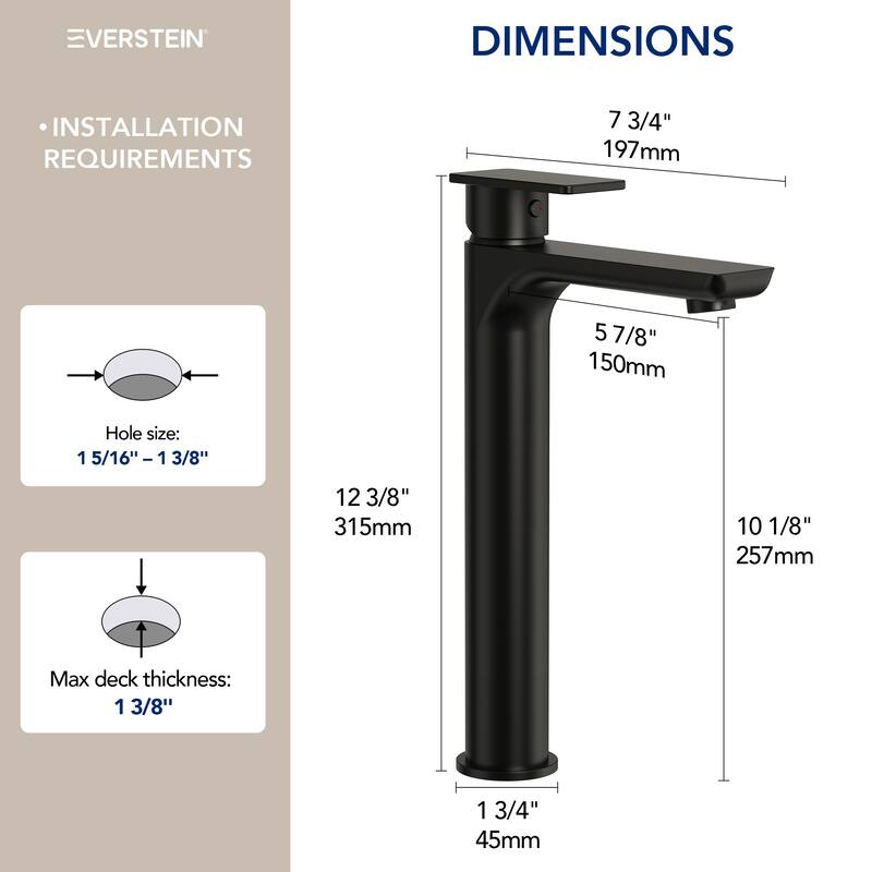 12" Height Bathroom Faucet, Single Handle Single Hole Sink Faucet Matte Black Spot Resistant