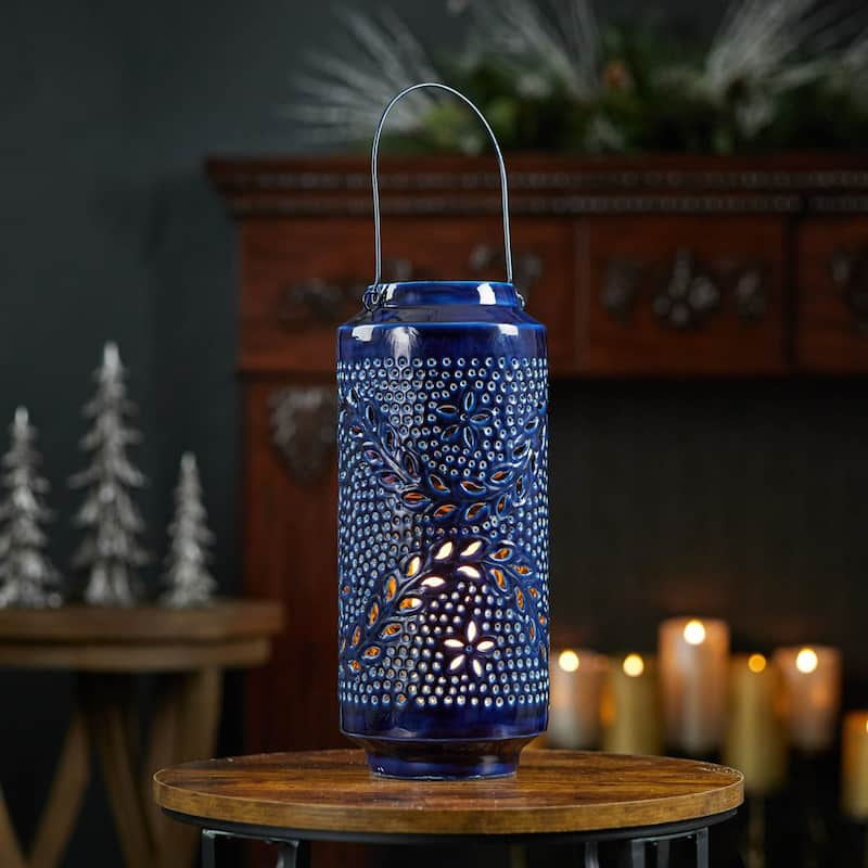 Snowflake Punched Metal Candle Lantern - 15.75" - Blue
