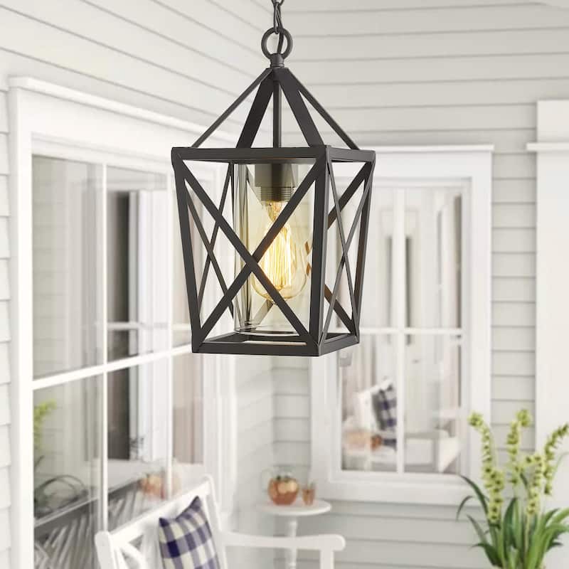 1-Light Outdoor Pendant Lights, Exterior Hanging Lantern in Black Finish with Clear Glass