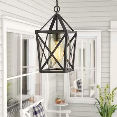 1-Light Outdoor Pendant Lights, Exterior Hanging Lantern in Black Finish with Clear Glass