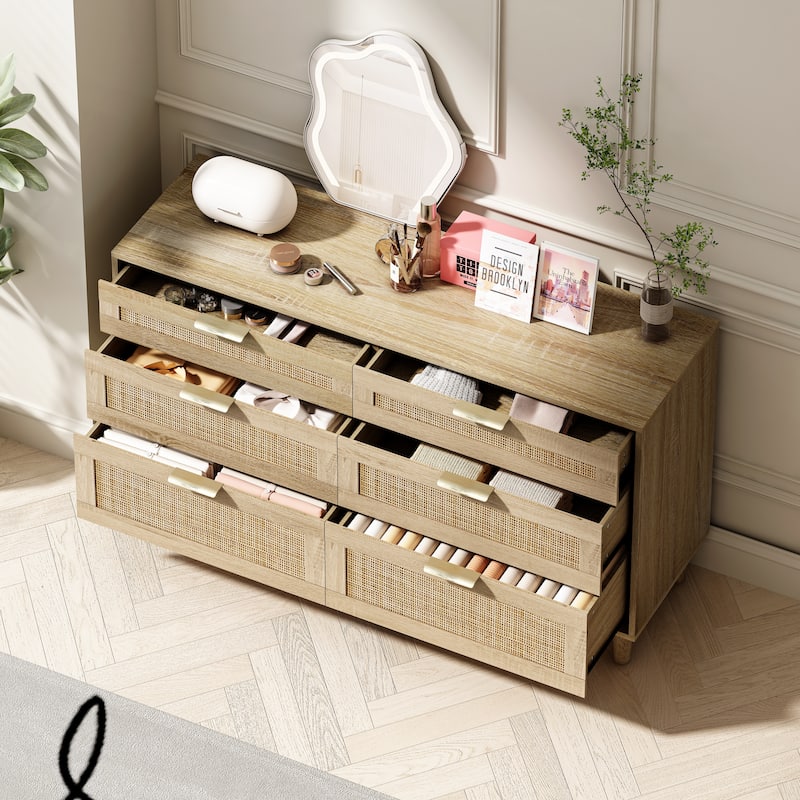 Anmytek Rattan 6 Drawer Dresser with Gold Handles Bohemian Bedroom Storage Chest