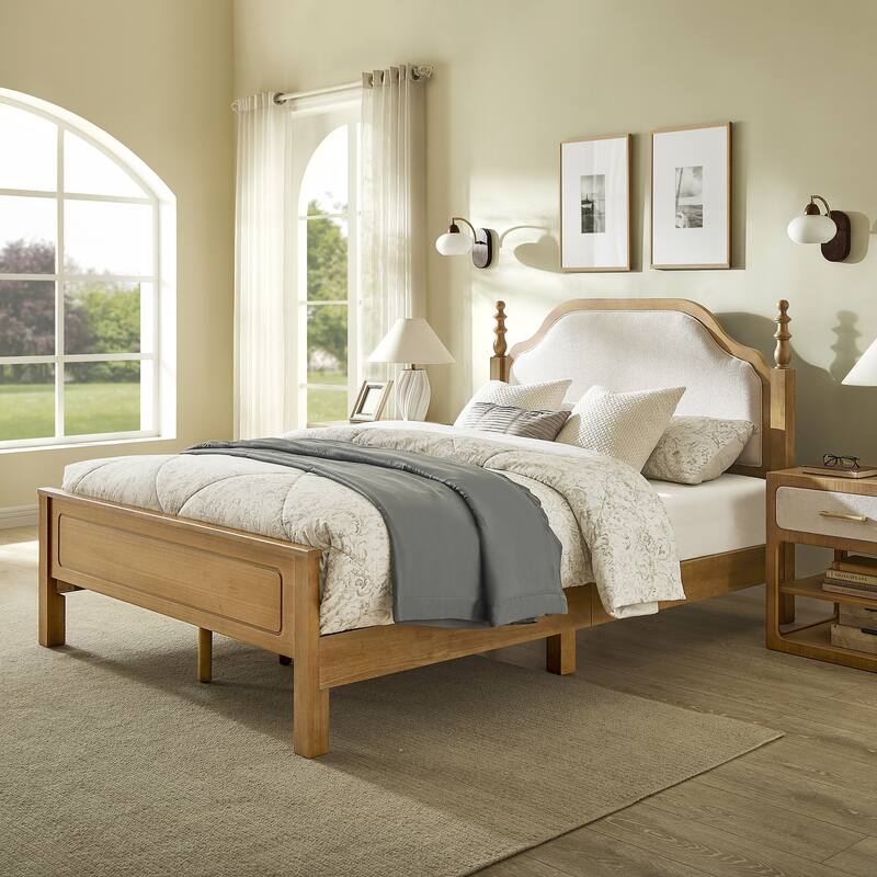 Classic Turned Post Wood Bed Frame with Upholstered Headboard, Sturdy Screw-Free Slats and Noise-Free Support