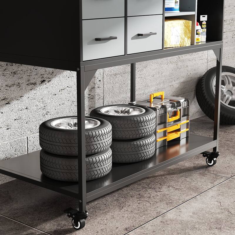 Industrial Metal Storage Cabinet with Pegboard, Adjustable Shelves and Wheels, Garage Tool Organizer with Soft-Close Doors