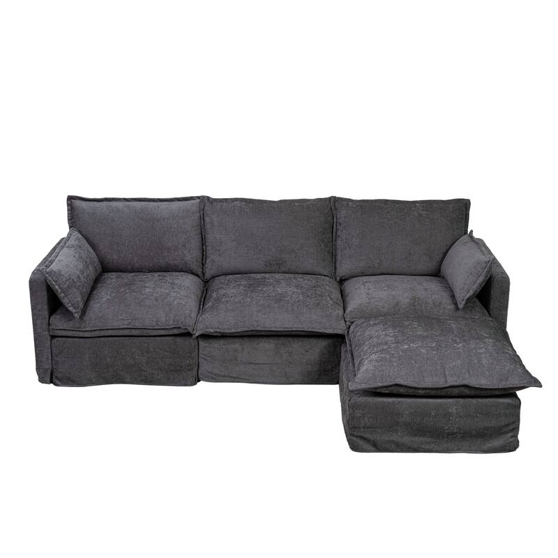93.31" Faux Linen Modular Sectional Sofa with Ottoman, Wood Frame - Grey