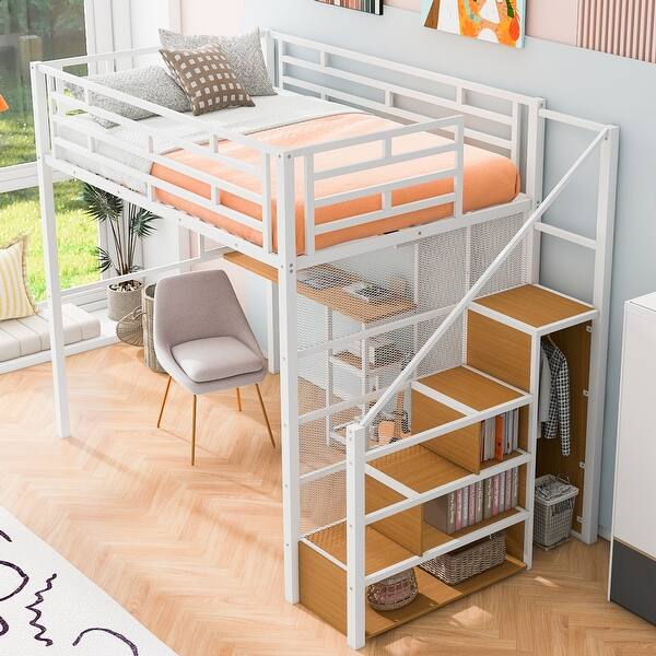 slide 2 of 22, Full Loft Bed with Wardrobe, Desk & Storage Shelves, Space-Saving Design, White White