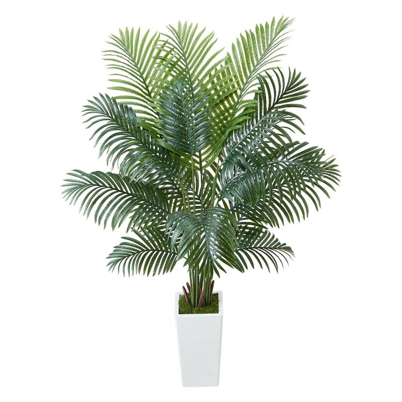 Green Lifelike Faux Areca Palm Tree with Moss-Covered Planter for Indoor Plant Decoration