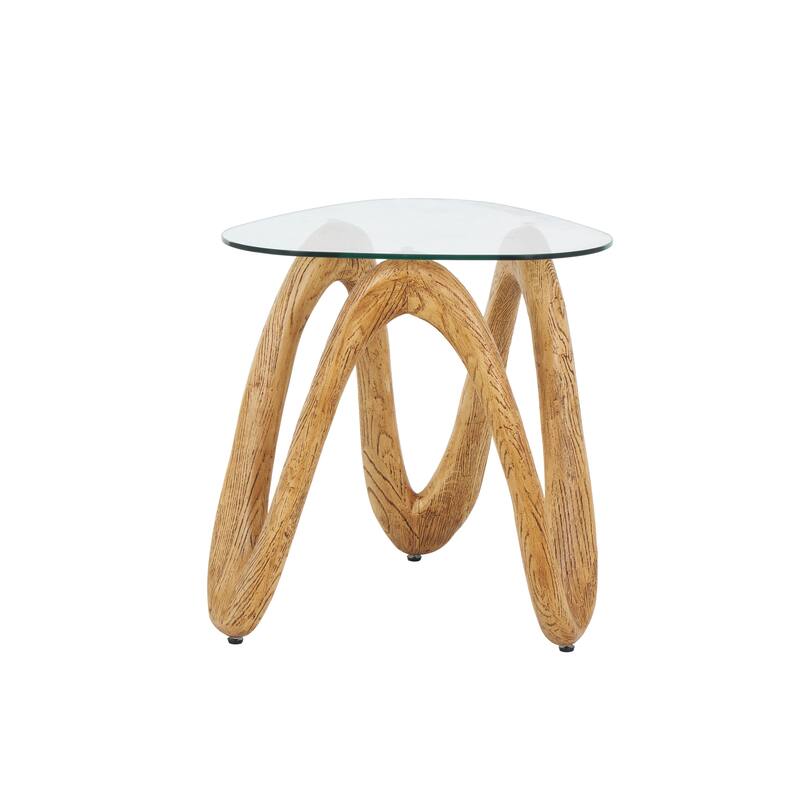 Light Brown Polystone Wood Inspired Wavy Abstract Accent Table with Glass Tabletop