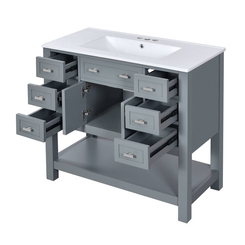 Bathroom Furniture Set of 2 - Vanity Cabinet with 6 Drawers and Open Shelf, Mirror Cabinet with 2 Towels Bars and 3 Open Shelves