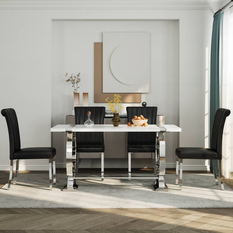 Luxury PU Leather Parsons Dining Chairs Side Chairs with Rolled Back and Stainless Steel Legs