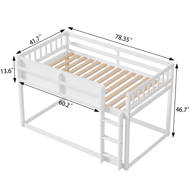 Roomfitters Twin Over Twin Bunk Bed, Low Floor Loft Platform Bed and Shelf with Wooden Frame for Bedroom