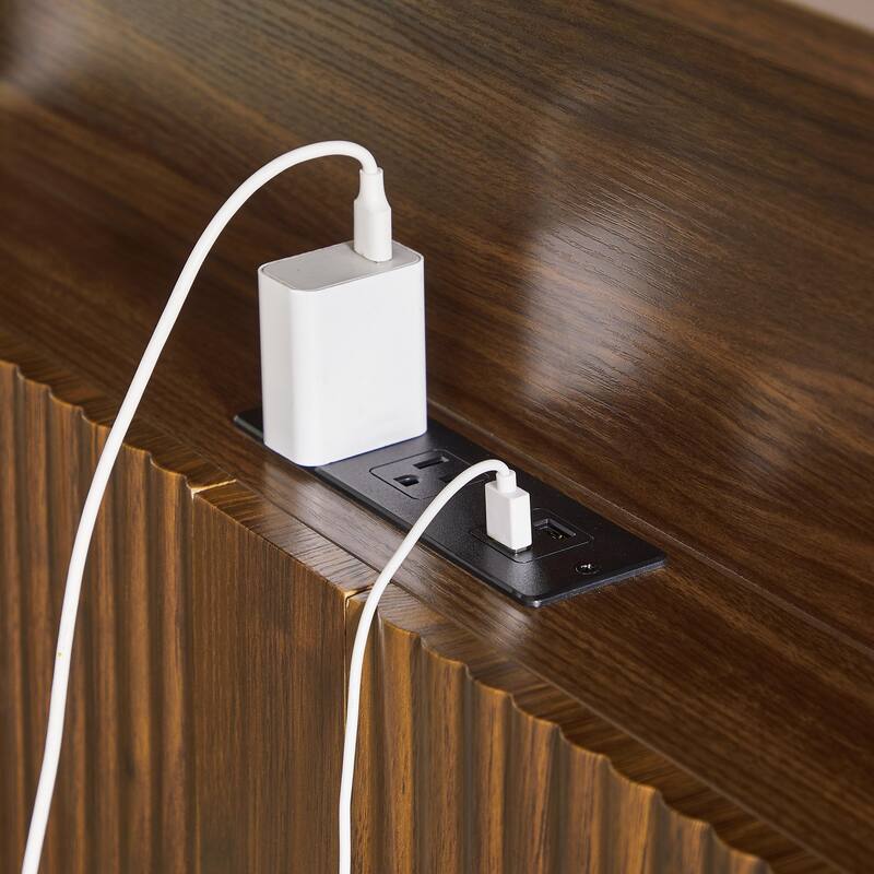 Queen Size Bed Frame with Storage Headboard, Built-in Charging Station, Wavy Design, Silent Operation, Walnut Finish