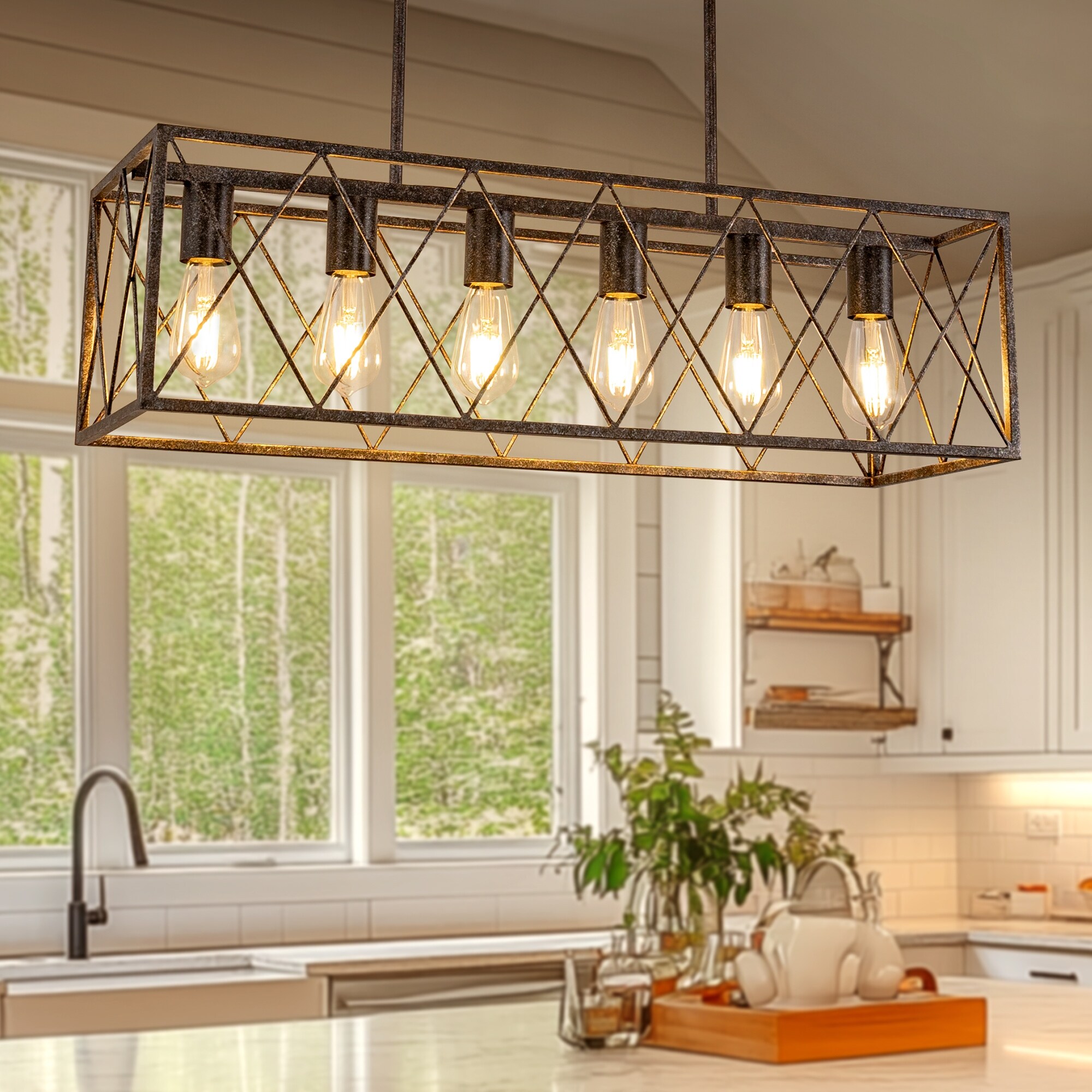 YANSUN 6 Light Rust Colored Iron Cross Mesh Island Pendant Light with Rod Suspension E26 Base for Rustic Charm