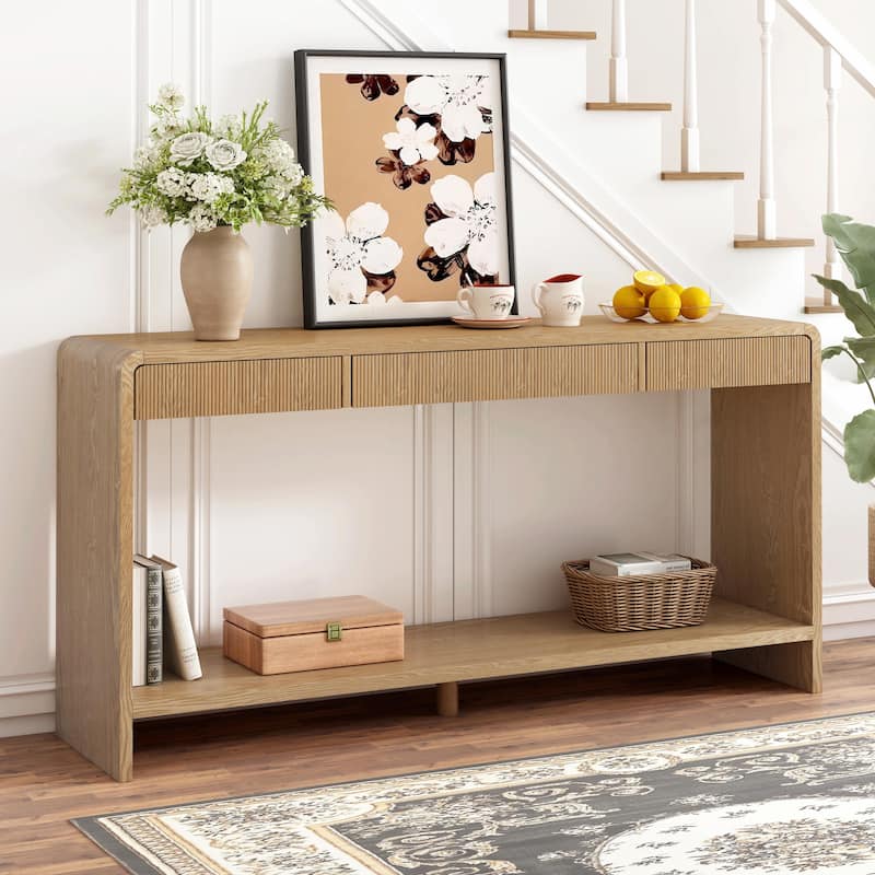 Modern 3-Drawer Console Table with Vertical Slats and Rounded Edges