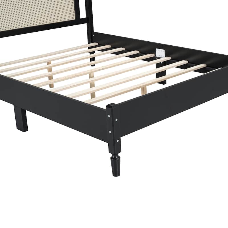 Wooden Platform Bed with Rattan Headboard