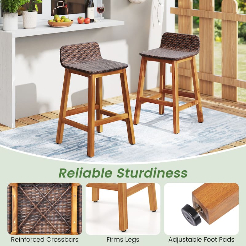 Gymax Solid Acacia Wood Bar Stools Set of 2 Rattan Bar Height Patio