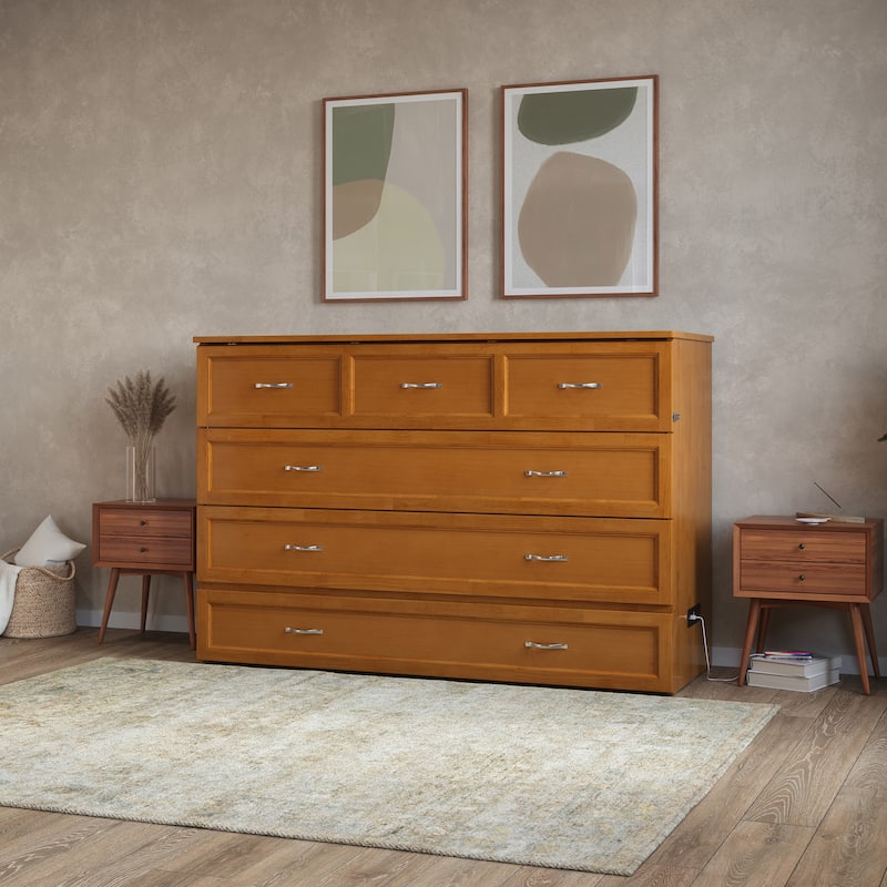Northfield Queen Murphy Bed Chest with 6" Mattress, Storage Drawer & Built-In Charger in Light Toffee