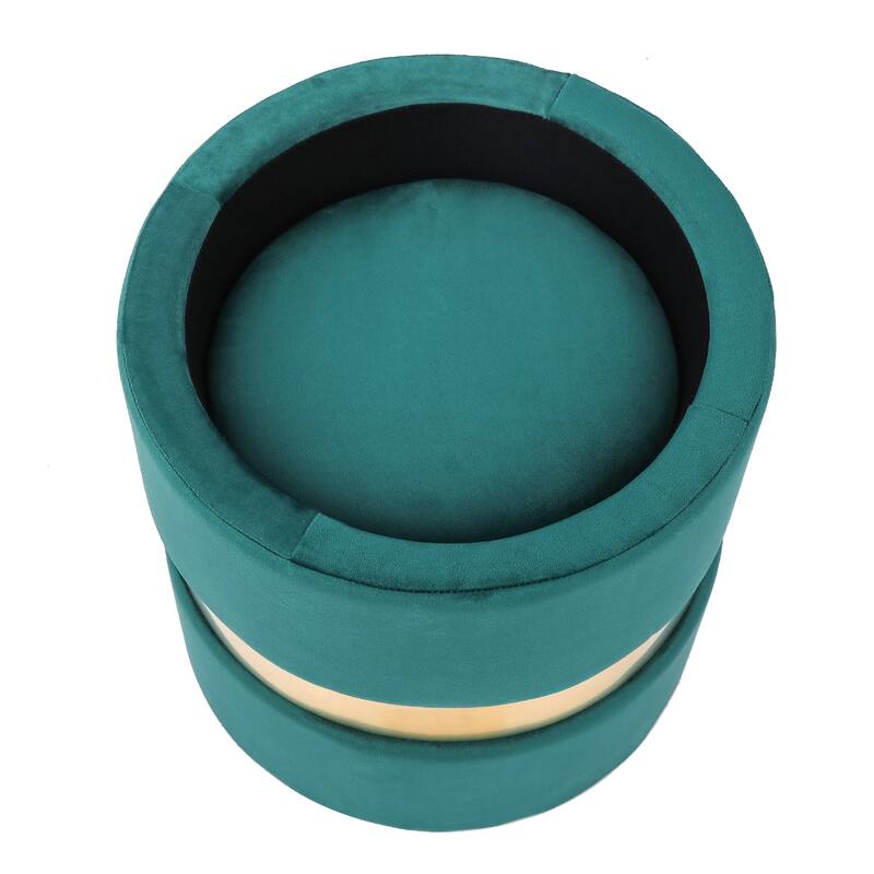 Adeco Set of 2 Velvet Storage Ottoman Round Foot Stool Metal Band