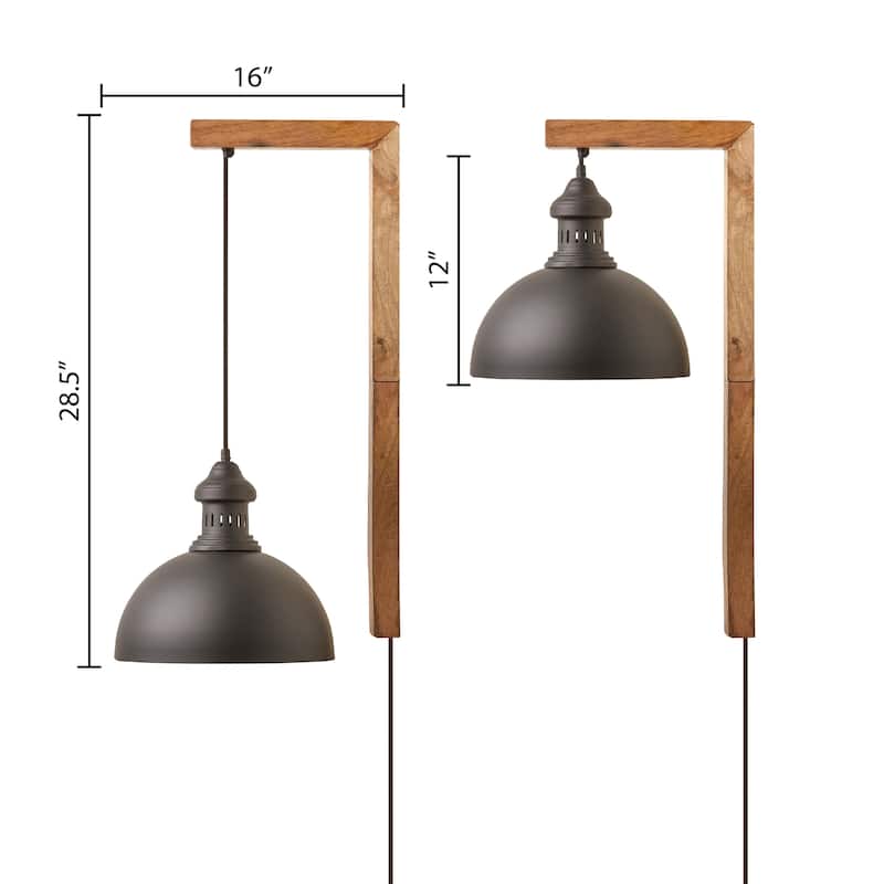River of Goods Black Metal and Wood Dome Shade Indoor Plug In Wall Sconce - 16" x 12" x 28.5"