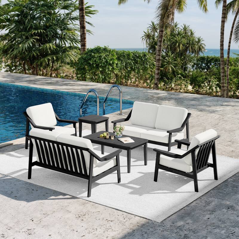 6-piece Adirondack Teak Patio Armchairs Loveseat Seating Conversation Set